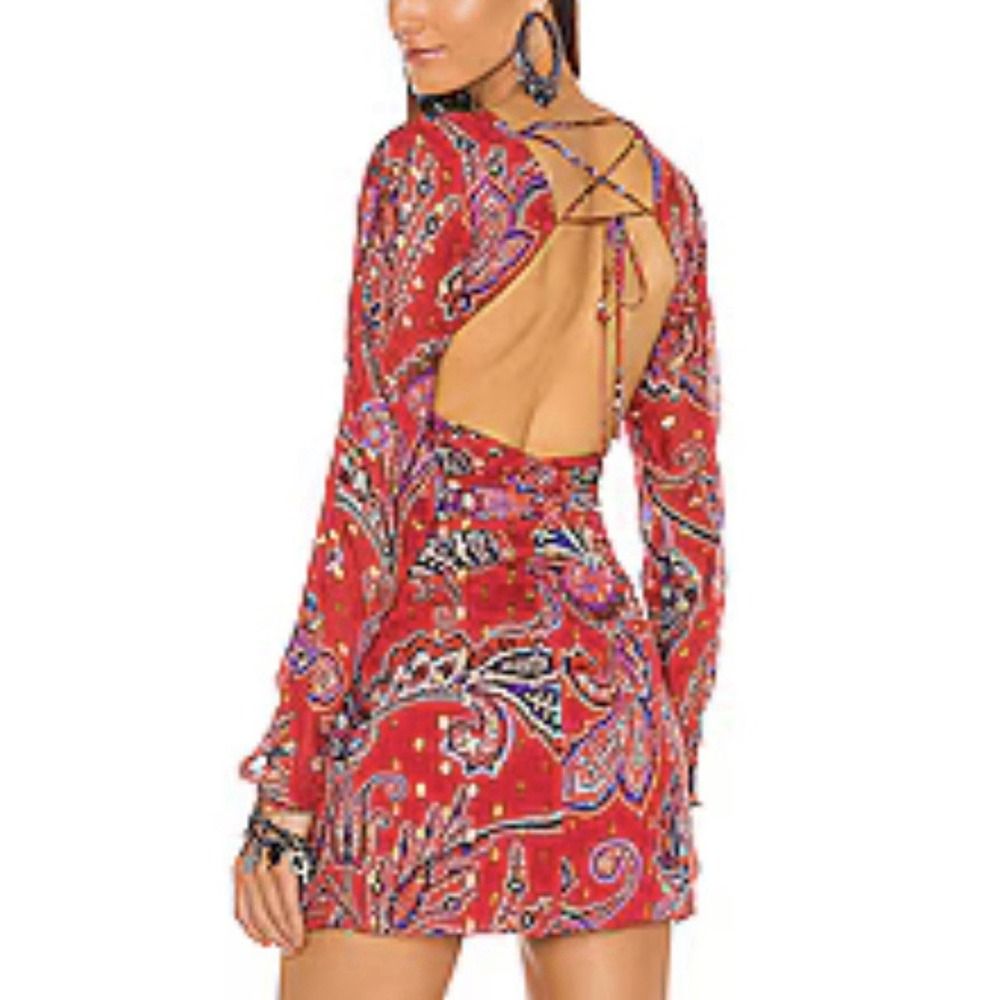 DUNDAS x REVOLVE‎ Zeppelin Mini Dress Red Paisley Lurex Open Back Size XS